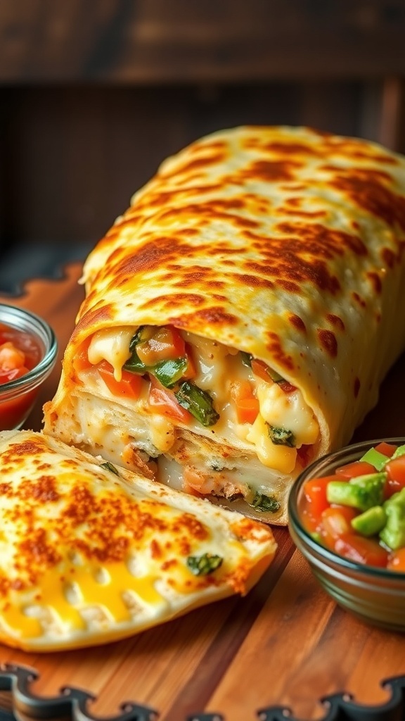 A cheesy quesadilla loaf sliced to show melted cheese and fillings, served with salsa and guacamole on a wooden table.